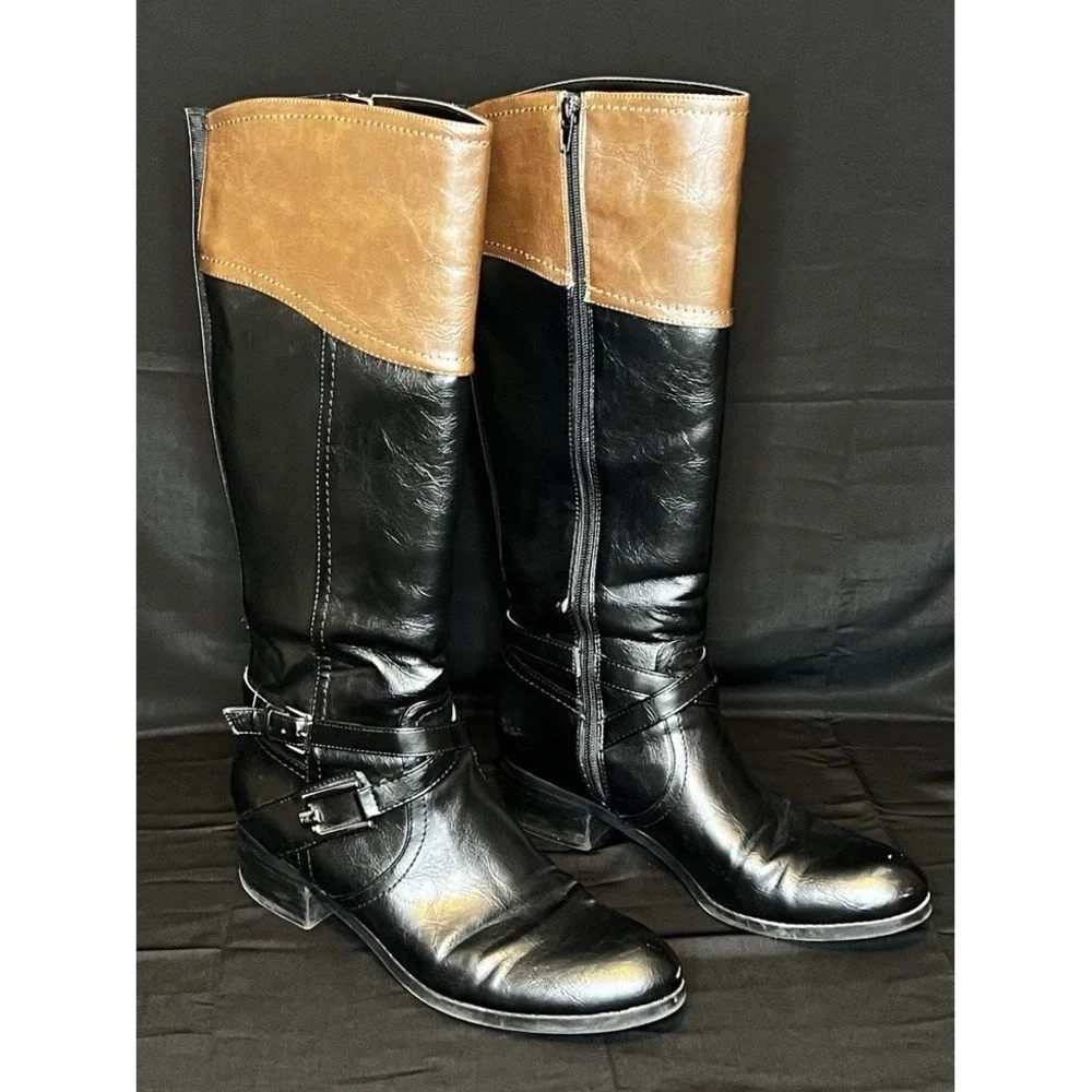 Unisa Untrinee Knee High Boots Size 9.5M Black Brown‎ Faux Leather Riding Boots